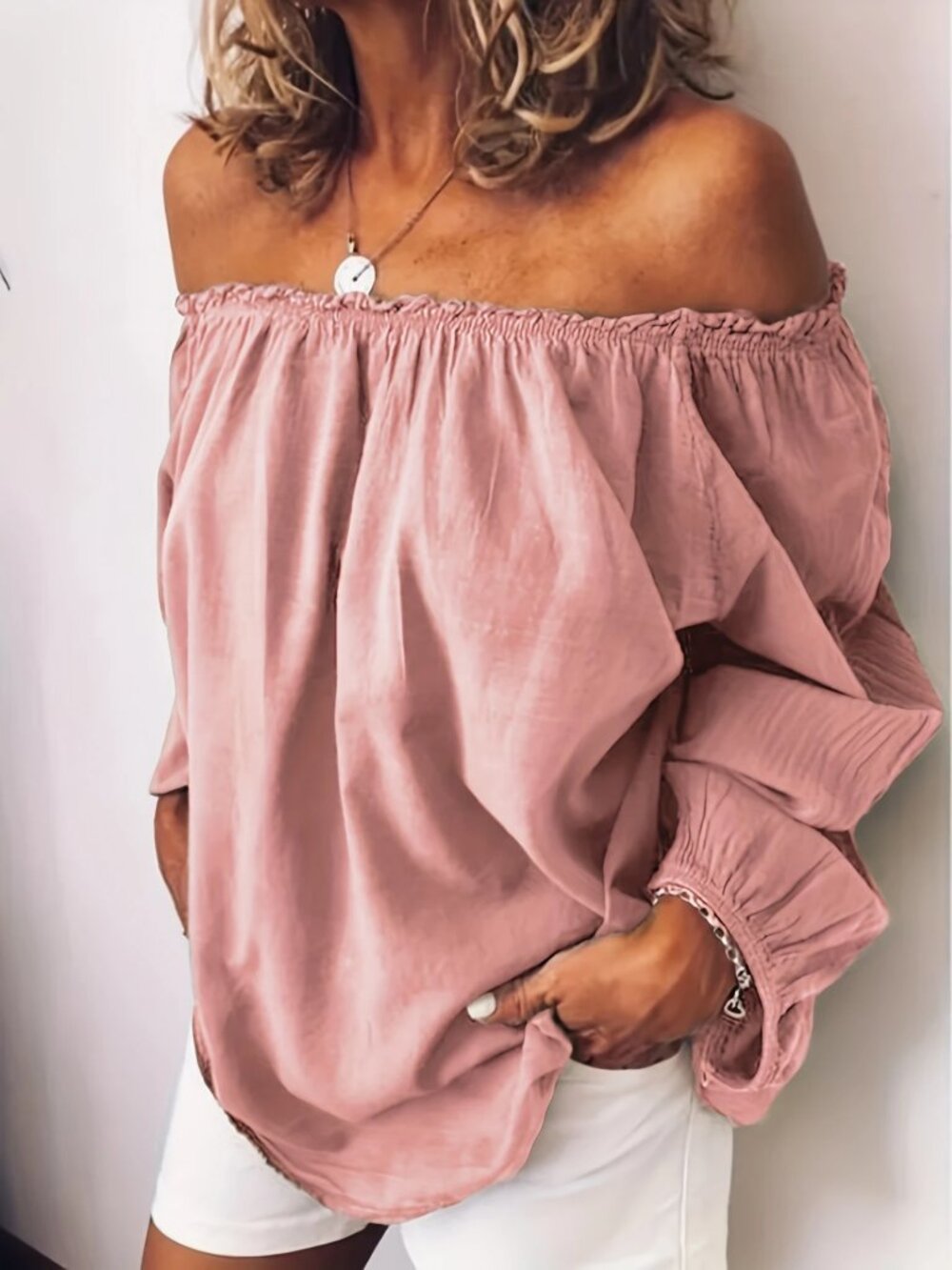 Elegant Off Shoulder Layered Sleeve Blouse- Pink XL
